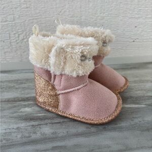 Bebe Baby Girl’s Size 3 Pink Boots Gold Glitter Faux Suede Fur Lined Babycore